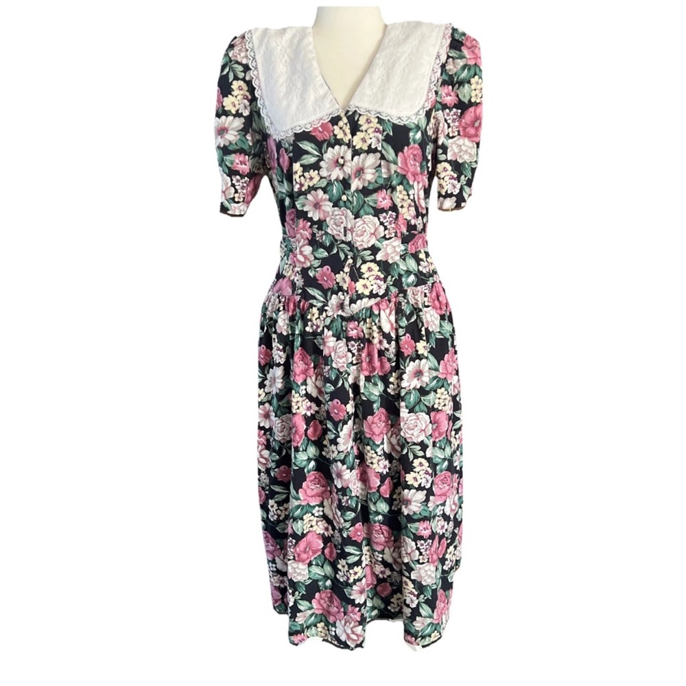 Vintage 80s Floral Sailor Collar Midi Dress Cottagecore Size 16
